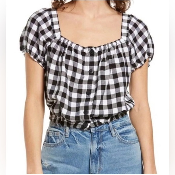 Madewell gingham check puff sleeve button front crop top, black white, medium - Picture 1 of 6
